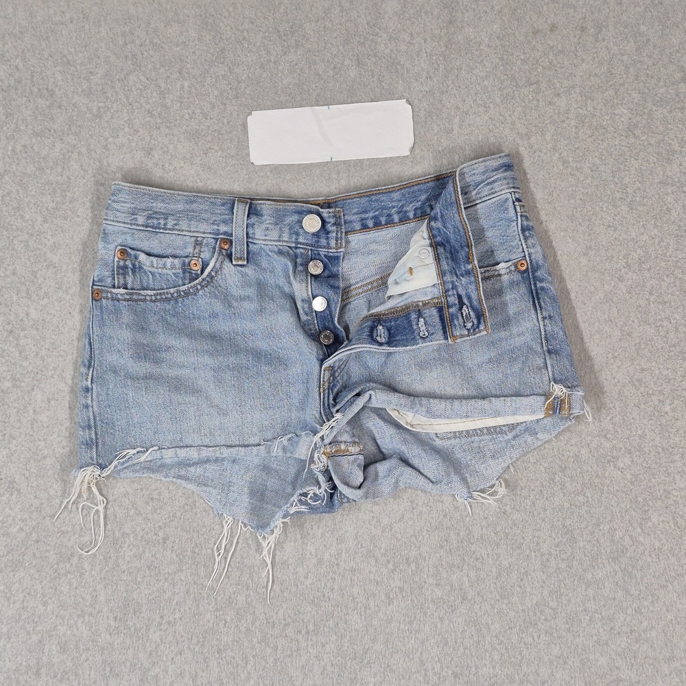 Levi's 501 Women Shorts W27 Light Blue Denim Jeans Cutoff Grunge Logo Raw Hem